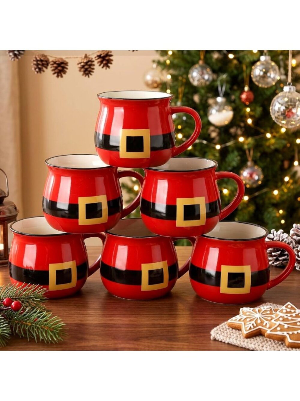 Set of 6 Christmas Ceramic Mugs - Red Santa Holiday Coffee Cups for Festive